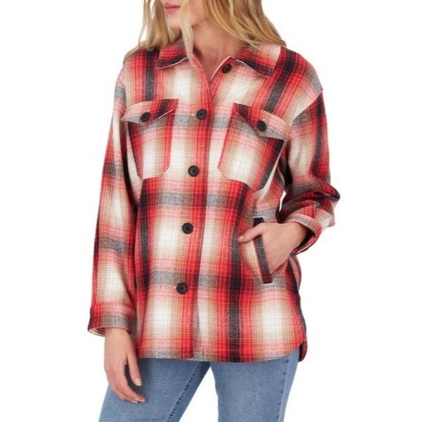 $174 Lucky Brand Red Flannel Shacket Shirt Jacket Women Size Medium Multi